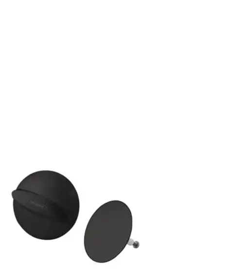 Zwei schwarze Abfluss-Elemente von Hansgrohe, eines mit einer Griffschale und das andere als flacher Deckel mit Schraube.